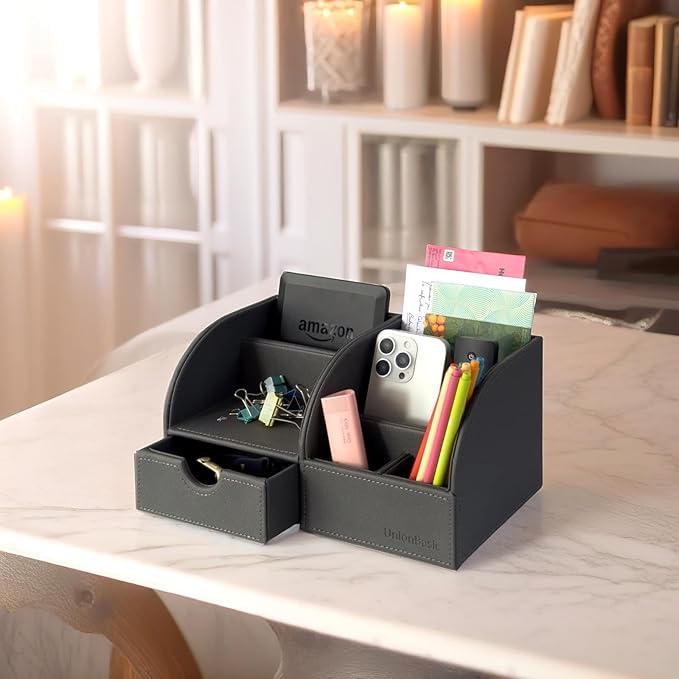 UnionBasic Desk Organizer, Multi-functional Leather Desktop Office Organizer, Pen Holder - Business Card/Pen/Pencil/Mobile Phone/Stationery Holder Storage Box, Taiga Dark Grey