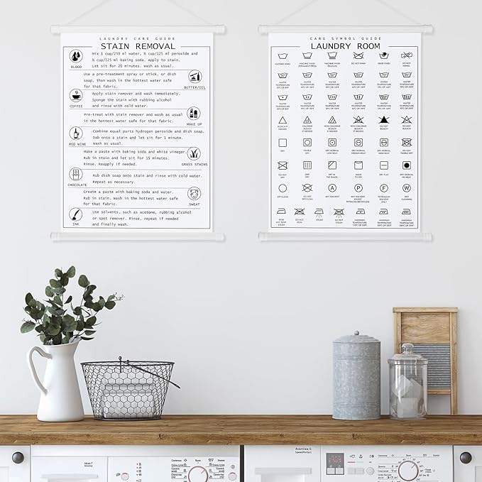 Gersoniel 2 Pieces Laundry Room Decor Laundry Symbols Wall Art Washing Room Hanging Symbols Decoration Stain Removal Theme Sign Clothes Care Room Art Ready to Hang Plaque, 11.8 x 15.7 Inches(White)