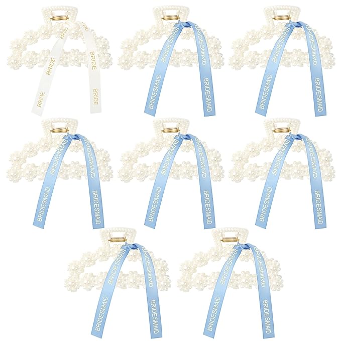 DEEKA Bridesmaid Proposal Gifts 8 Pack Pearl Bridesmaid Hair Claw Clips with Ribbon 3 Inch Hair Clips Bachelorette Party Favors Bridal Party Present Hair Accessories (Half Circle White&Blue)