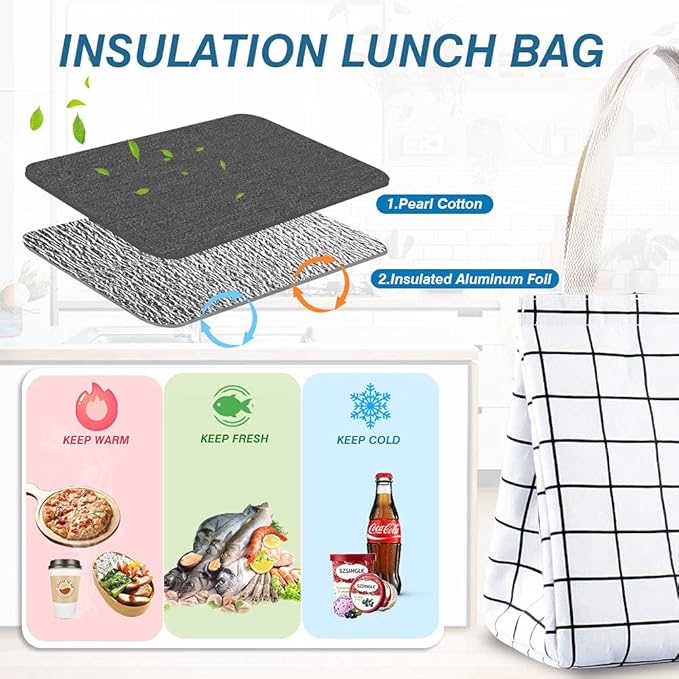 iknoe Insulated Lunch Bag for Women & Adults, 9L Foldable Wide-Open Cooler Bag with Pockets, Leakproof & Portable, for Picnic, Office, Beach (White Grid)