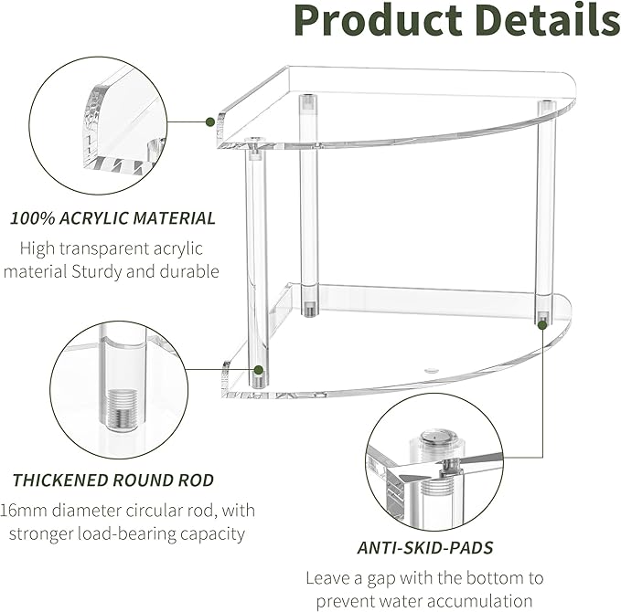 2 Tier Acrylic Corner Shelf Organizer Storage 9.5x9.5x8 Inch, Transparent Countertop Corner Shelf for Bathroom, Kitchen, Bedroom, Office, Study Room
