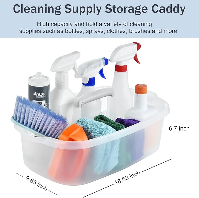 ALINK Plastic Cleaning Storage Caddy with Handle, Large Shower Caddy Basket Organizer for Dorm, Bathroom, Tool, Garden, Kitchen, Cleaning Supplies - Clear