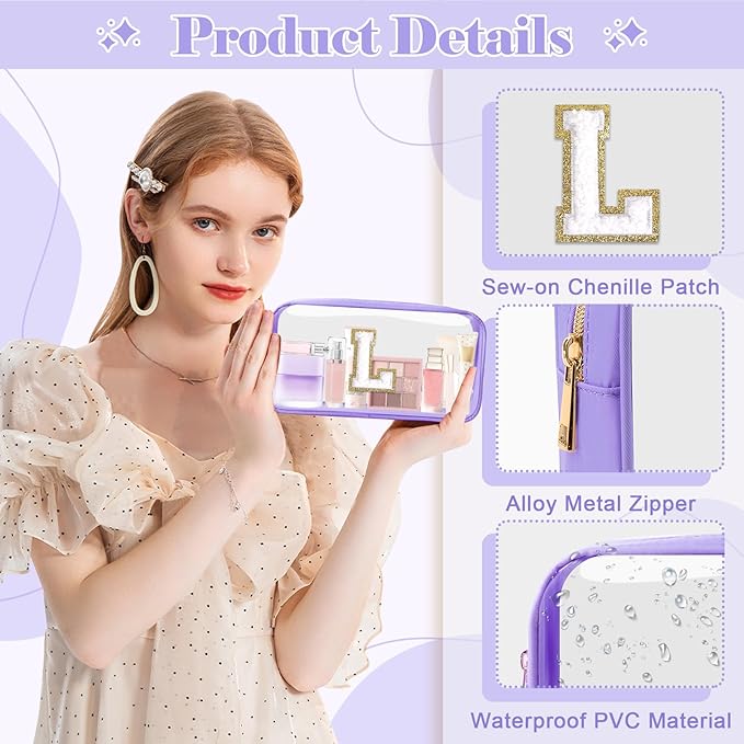 Personalized Initial Letter Clear Makeup Bag, Preppy Small Nylon & PVC Cosmetic Zipper Bag with Chenille Letter, Travel Skincare Toiletry Bag, Monogram Christmas Gift for Teen Girls Women, L
