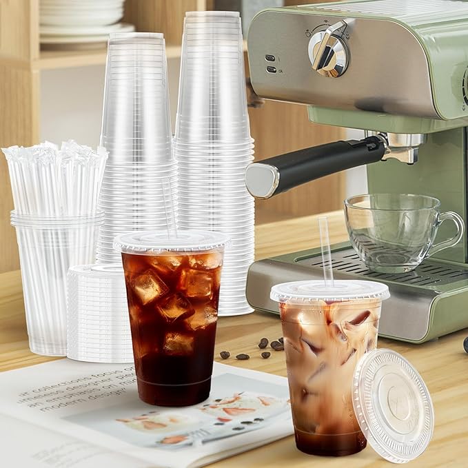 Lamosi 100 Pack 16 OZ Clear Plastic Cups with Lids and Straws, Disposable Iced Coffee Cups with Lids for To-Go Cold Drinks, Smoothies and Slushie