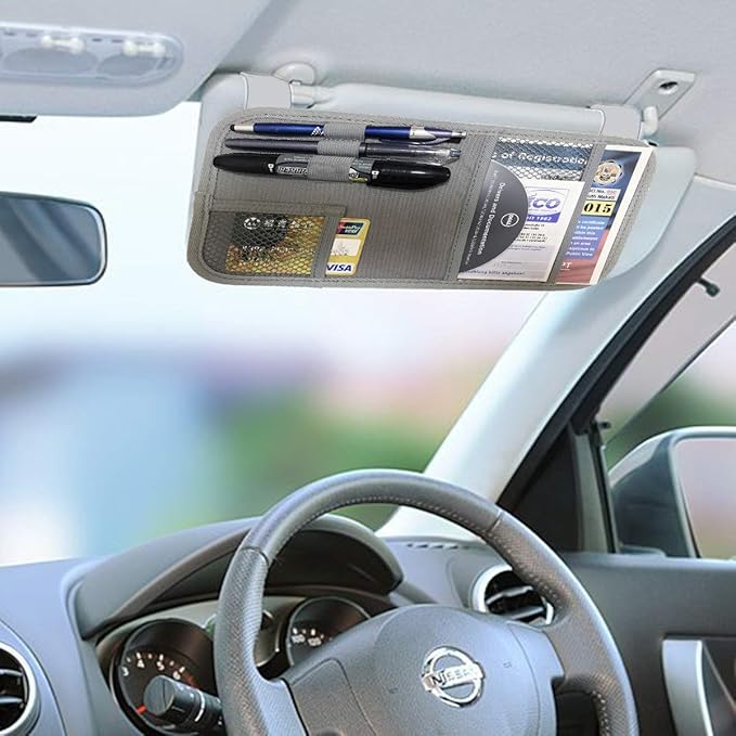 ZugGear Car Sun Visor Organizer, Auto Visor Holder Interior Accessories Pocket Organizer - Car Registration Holder Document Storage Pouch Pen holder - Grey
