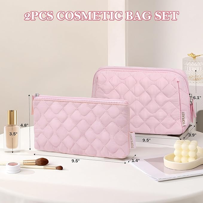 TOPEAST Christmas Gifts for Women Girls - 2Pcs Makeup Bag Small Travel Cosmetic Bag, Portable Toiletry Pouch Set, Waterproof Make Up Purse Puffy Padded Makeup Organizer, Pink