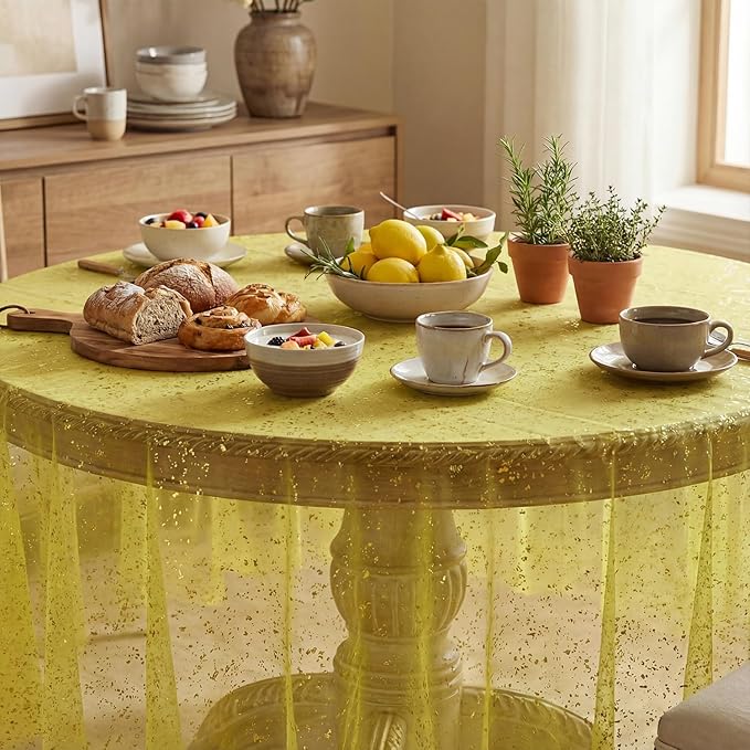 Horaldaily Yellow Gauze Tablecloth 60x60 Inch Round, Golden Sequin Glitter Metallic Foil, Sheer Tulle Cheesecloth for Wedding Baby Shower Ceremony Birthday