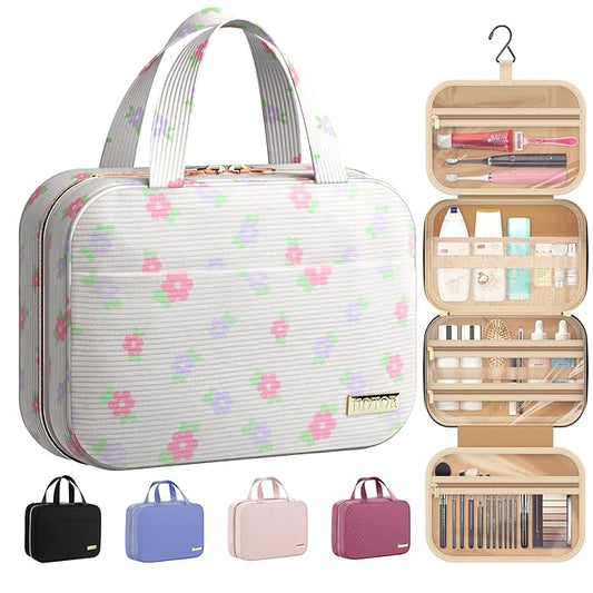 HOTOR Travel Toiletry Bag - Hanging Toiletry Bag for Women & Men, Makeup Bag/Large Compartment, Waterproof for Travel Accessories, Travel Essentials, Medium, Beige with Colorful Floral