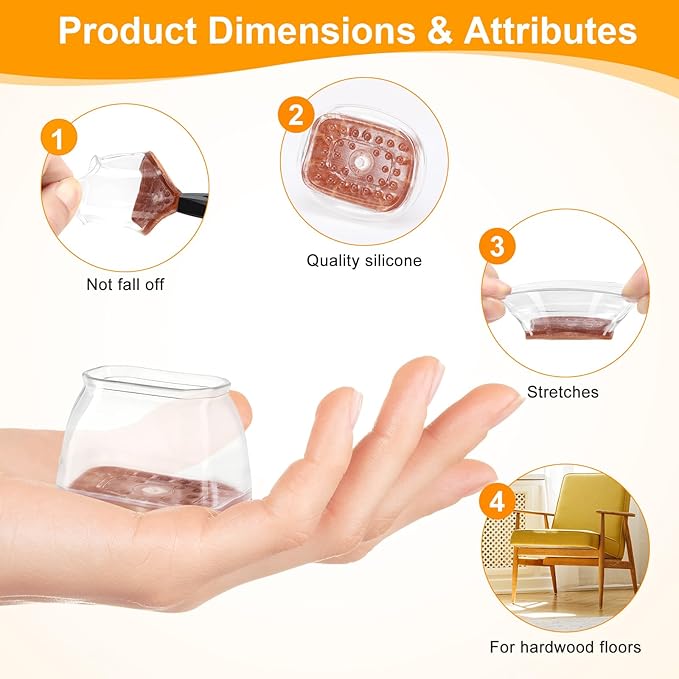 CHUNZEXI 16 Pack Rectangle Chair Leg Floor Protectors for Hardwood Floors, Silicone Felt Covers Pads Caps, Protect Wood Furniture Feet Floors Noise Reduce and Scratch (Rectangle Small & Clear)