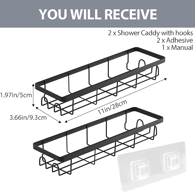 Shower Caddy Organizer with Hooks, Self-Adhesive Bathroom Shelves, No Drilling Bathroom Organizers and Storage, Perfect for RV, Apartment, Home Decor, 2 Pack Black