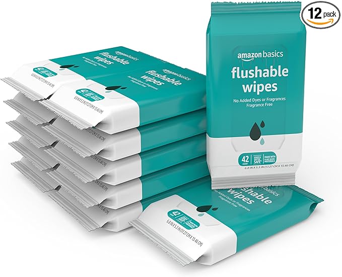 Amazon Basics Flushable Adult Toilet Wipes, Fragrance Free, FSC-Certified, Advanced Flushable Technology, 504 Count (12 Packs of 42)