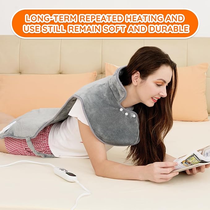 Mia&Coco Heating Pad for Neck Shoulders and Back, XL 23"x39" Soft Flannel Wrap, Waist Strap, Fast Heat Hot Therapy 6 Heat Settings, Auto-Off Timer, Machine Washable, Grey