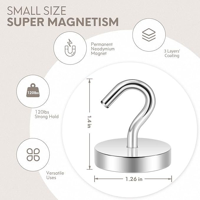 Neosmuk Magnetic Hooks, Cruise Ship Essentials, 120lb+ Heavy Duty Magnetic Hooks for Cruise Cabins, Refrigerator, Grill, Hanging, and Travel | Extra Strong Must-Haves Magnet Hook,Silver