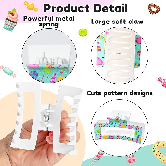 PANTIDE 8Pcs Candy Hair Claw Clips for Women - Christmas Candyland Colorful Rectangle Nonslip Aesthetic Clips Rainbow Lollipop Sweets Hair Accessories Party Favors Birthday Gifts