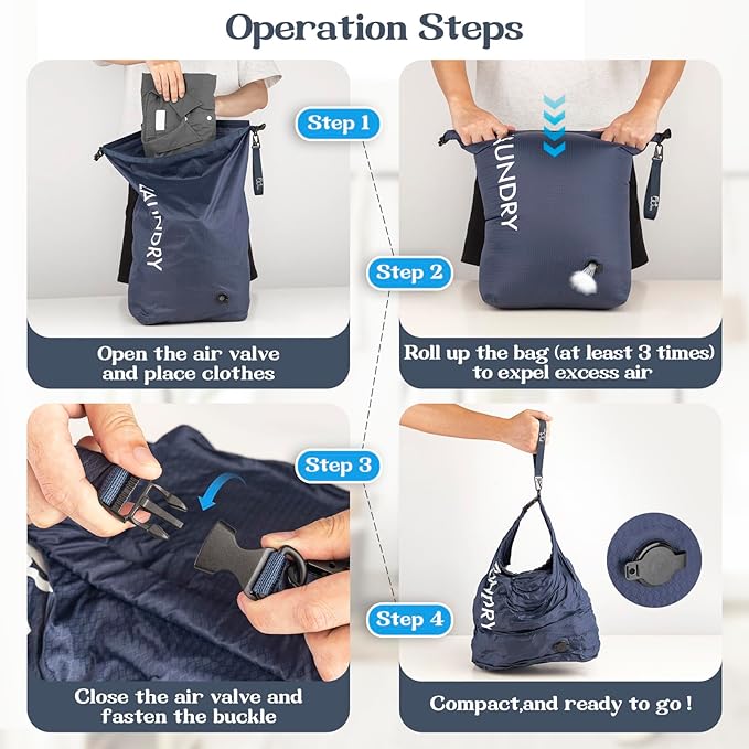 Travel Laundry Bag, Vacuum Compression Dirty Clothes Travel Bag, Waterproof Wet/Dry Space-Saving Laundry Storage Organizer, Smell Proof Storage Bag for Clothing, Swimming, Yoga, Gym, Camping