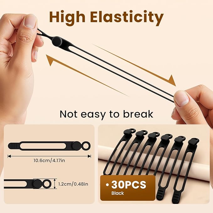 30 Pcs Silicone Cable Ties, Reusable Data Cable Organizer Wire Organizers for Office, Multipurpose Elastic Cord Wraps Cable Management for Charging Cord,Appliances,Home,Office,Kitchen,School,Travel