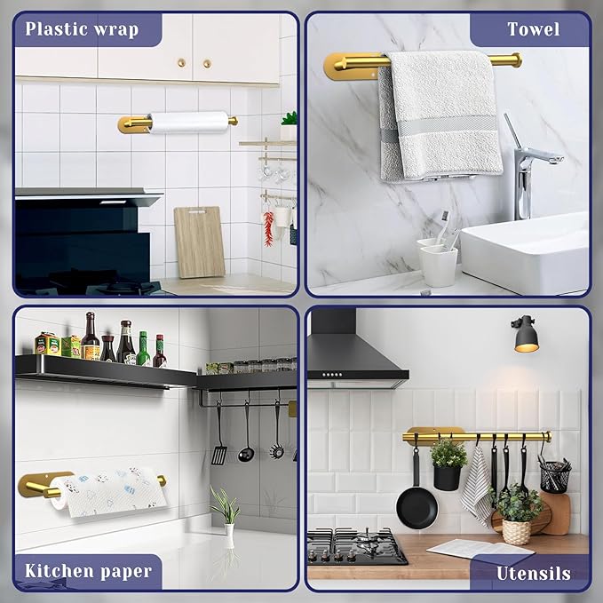 Paper Towel Holder, Self Adhesive or Drilling Paper Towel Holder Under Cabinet, Stainless Steel Paper Towel Holders Wall Mount for Kitchen, Bathroom, Sink, Pantry, Fridge (Gold)