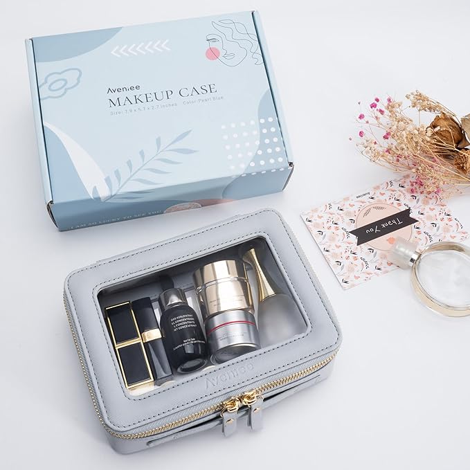 Aveniee Clear Makeup Bag Organizer Set,Portable Travel Toiletry Cosmetic Bag Case for Women,Vegan Leather Make Up Pouch Car Bag for Essentials,Middle+Large,Blue