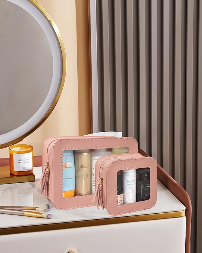 2 Pcs Travel Clear Makeup Bag Set, Clear Makeup Organizer with Zipper Leather Travel Bags for Toiletries Small Cosmetic Bags for Women Mini Make up Pouch Toiletry Bags Car Essentials
