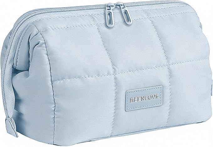 Makeup Bag Travel Toiletry Bag - Puffy Padded Make Up Bag, Waterproof Cosmetic Bag with Multiple Compartments, Wide-open Makeup Pouch for Cosmetics, Toiletries, and Travel Essentials, Blue