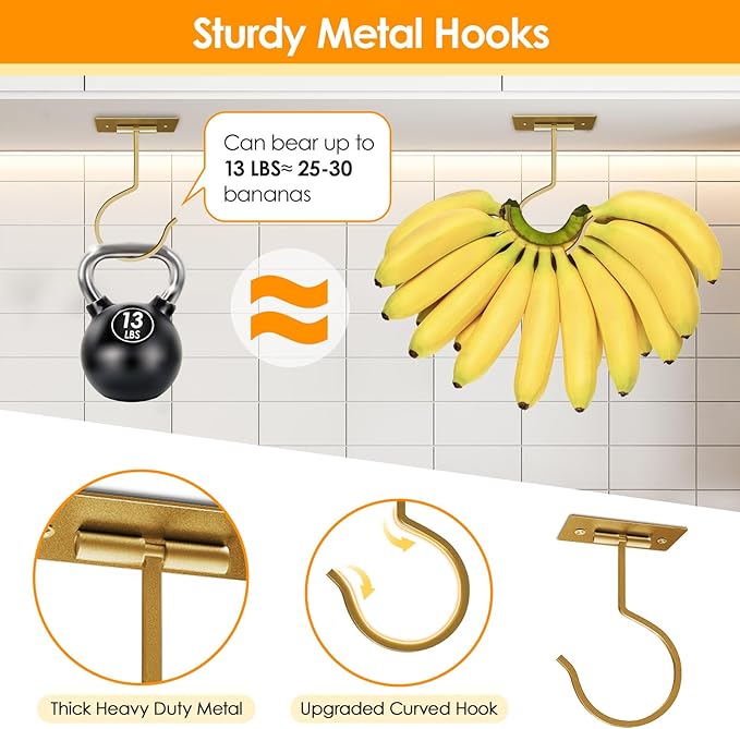 Self Adhesive Banana Hook Under Cabinet Foldable Banana Hanger Metal Under Counter Banana Hook to Keep Bananas Fresh Banana Holder for Kitchen RV Space Saving, Golden