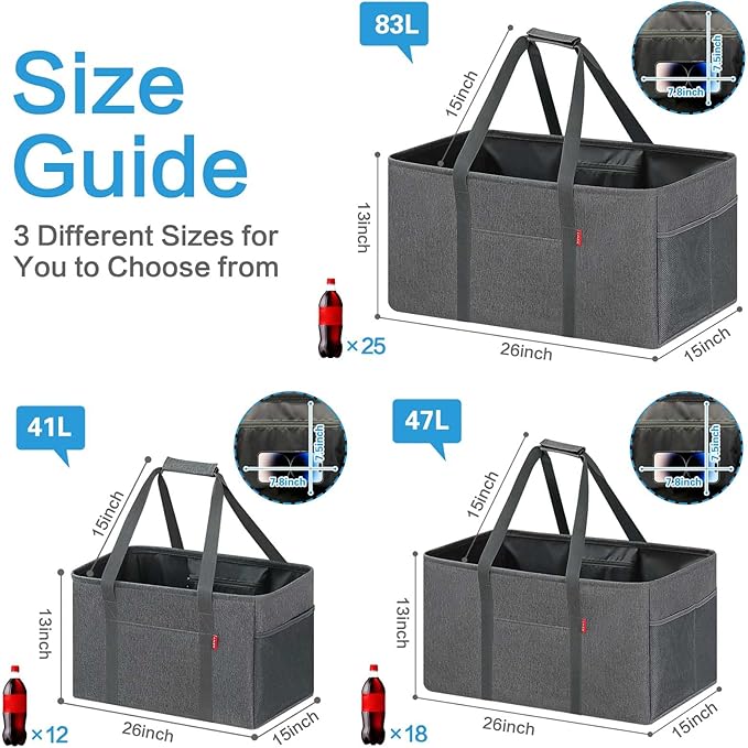 LHZK Standing Extra Large Utility Tote Bag with Metal Wire Frame and the Sides Rinforced, Extra Large Tote Bag with Handle, Reusable Grocery Bags Foldable, Beach Bag, Car Tote (Grey)