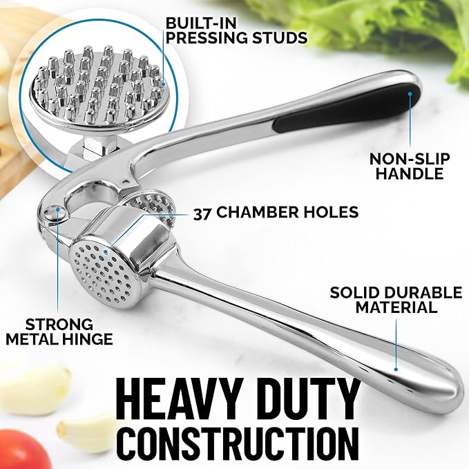 Zulay Kitchen Premium Garlic Press Set - Rust Proof & Dishwasher Safe Professional Garlic Mincer Tool - Easy-Squeeze, Easy-Clean with Soft, Ergonomic Handle - Silicone Garlic Peeler & Brush (Chrome)