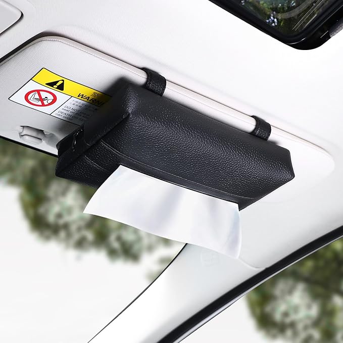 Premium PU Leather Car Tissue Holder, Included Tissues, Multi-Use Clip On Visor & Backseat Tissue Case, Vehicle Accessory, Best Gift for Holiday, Christmas