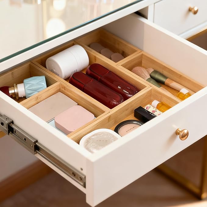 Bamboo Drawer Organizers Set with Removable Dividers, 5PCS Adjustable Multi-Use Wood Storage Organizers(5-9 Grids), Desk Drawer Tray for Bathroom, Office, Dresser, Storage Box for Jewelry, Makeup