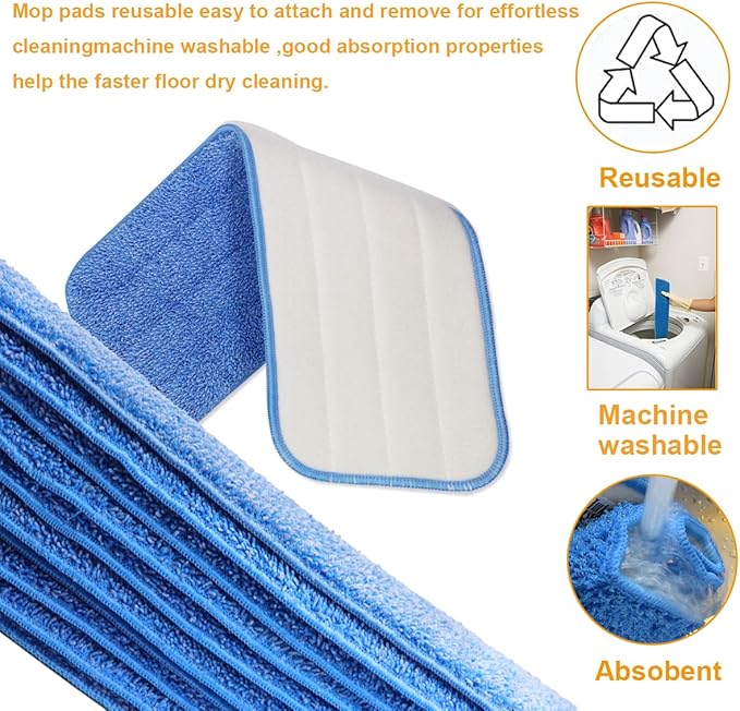 10 Pack Spray Mop Replacement Pads for Wet/Dry Mops, Reusable Flat Mop Heads Microfiber Mop Pads Compatible with Bona Floor Care System, Blue