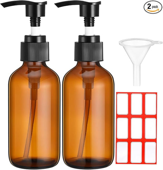 Fumete 2 Pack Glass Bottles 4oz Empty Refillable Liquid Containers with 1 Label 1 Funnel for Essential Oils Hair Travel Plants Cleaning Skin Care(Amber, Black Top,Pump Bottle)