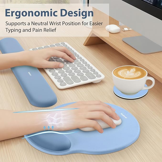 Mouse Pad and Keyboard Wrist Rest, 3-in-1 Gel Memory Foam Ergonomic Mouse Pad with Wrist Rest Set,Gaming Mousepad Arm Cushion Support for Computer Office Desk Accessories Cute Setup,Sky Blue