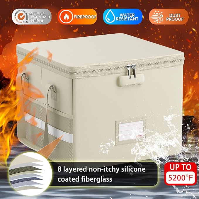 ENGPOW 5200°F Fireproof Document Box with Lock, Heat-Insulated Collapsible File Storage Organizer Box with Handle, Portable Home Office File Cabinet for Hanging Letter/Legal Size Folders, Beige