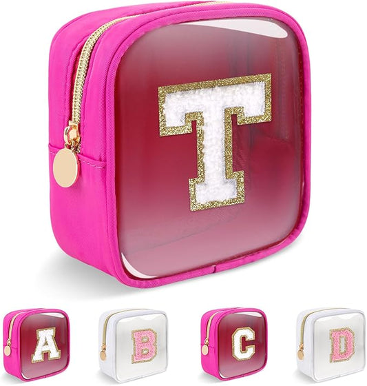 Personalized Initial Letter Clear Preppy Makeup Bag,Mini Nylon Chenille Letter Cosmetic Bag Cute Zipper Pouch Coin Purse for Teen Girls,Portable TSA Approved Travel Essentials Bag Gift for Women,T