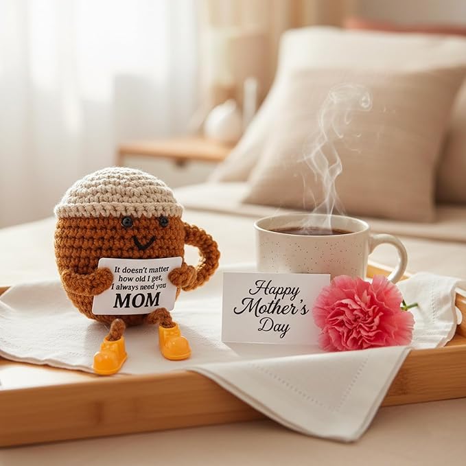Birthday Gifts for Mom from Daughter Son Kids, Cute Crochet Coffee Lover Gift, Funny Meaningful Small Gifts for Women Handmade Desk Decor Mothers Day