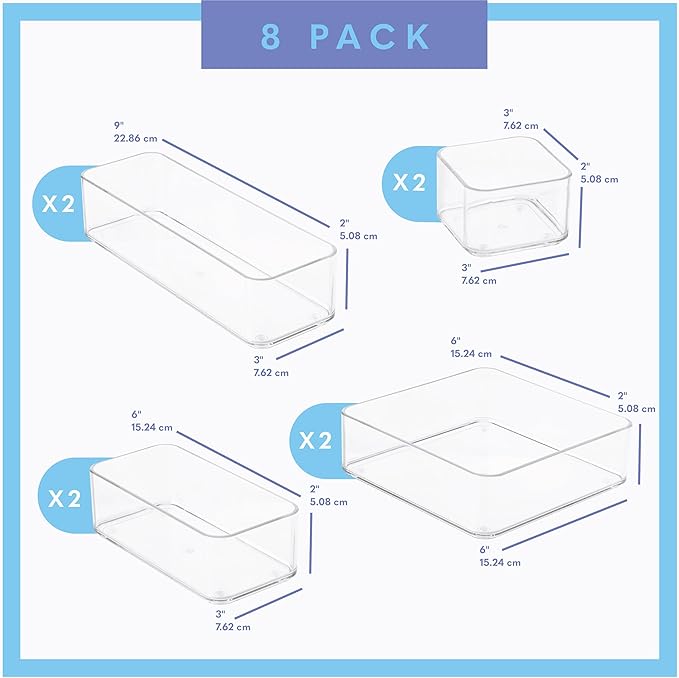 primebox Eight Piecs. Plastic Clear Drawer Organizers for Bathroom, Kitchen, Bedroom, Office Organizer Bins, Storage Trays. Heavy Duty, Stackable 4 Sizes