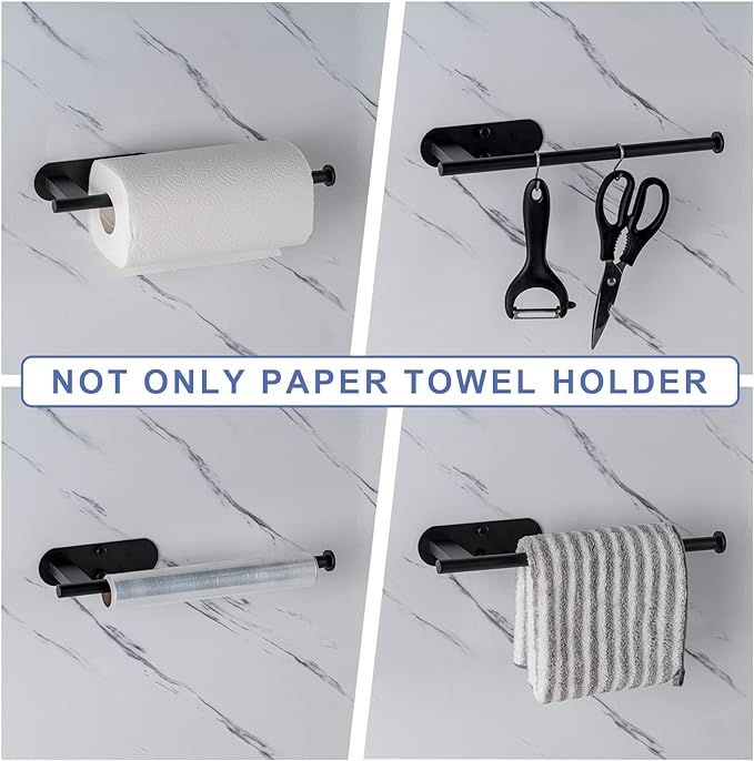 Honmein Paper Towel Holder, Upgrade SUS304 Stainless Steel Paper Towel Holder Under Cabinet, Bend-Resistant, Self-Adhesive or Drill mounting (Black)