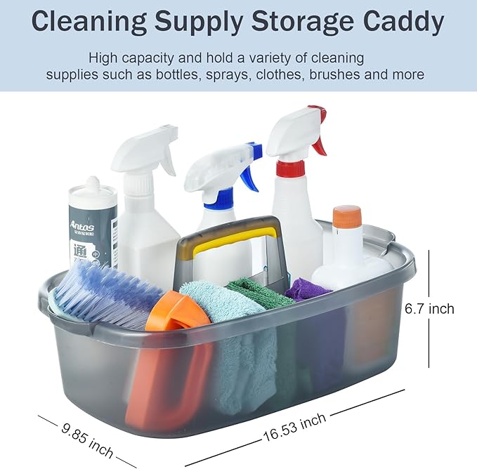 ALINK Plastic Cleaning Storage Caddy with Handle, Large Shower Caddy Basket Organizer for Dorm, Bathroom, Tool, Garden, Kitchen, Cleaning Supplies - Transparent Gray