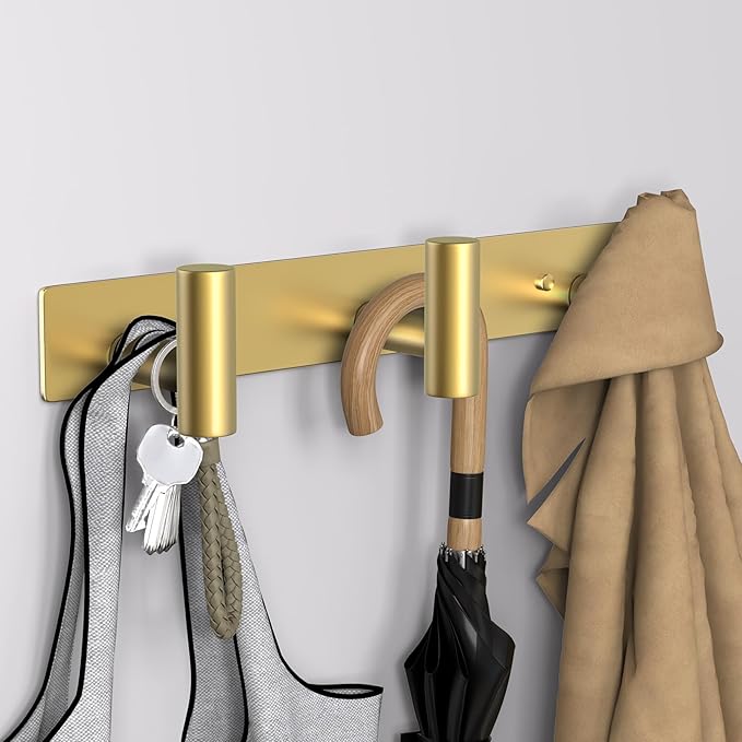 VAEHOLD Hat and Coat Wall Mount Rack - Hooks for Robes, Bags, Keys, and Towels - Bathroom Towel Hanger Organizer (Gold, "T" Shape 3 Hooks 1 Pack)