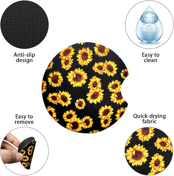 2 Pack Car Coasters for Drinks Absorbent - 2.75 Inch Cute Car Cup Holder Coasters for Women, Removable Cup Holder Coaster for Your Car, Car Interior Accessories for Women & Girls (Sunflower)
