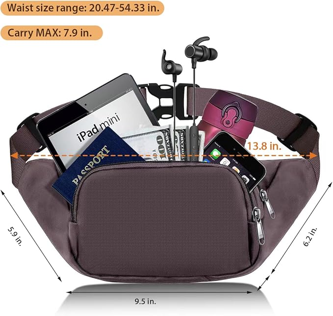 Large Fanny Pack for Women Men - Syican Waist bag with 3-Zipper Pockets, Gifts for Enjoy Sports Traveling Workout Casual Hands-Free crossbody bags Fits MAX 7.9'' iPad & 6.6'' Phone
