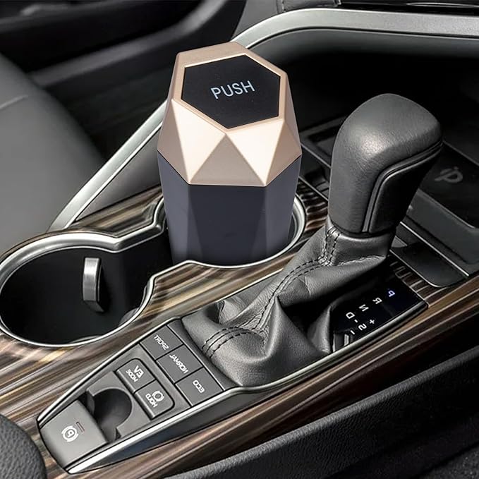 Car Trash Can, Car Trash Bin with Lid, Car Accessories for Women Interior, Car Garbage Can with Additional 2 ABS Hooks and 60pcs Trash Bags, Suitable for Home, Office, Car Organizer, Gold