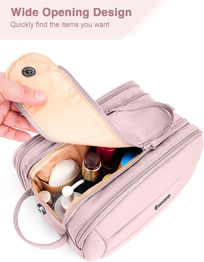 Toiletry Bag for Men & Women, Cruise Ship Travel Essentials, Shaving Dopp Kit with Dry and Wet Separation, Water-resistant Bathroom Cosmetic Organizer Bag, Makeup Accessories with Trolley Belt, Pink