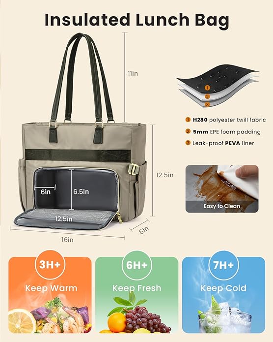 LOVEVOOK Lunch Tote Bag for Women, Work Bag with Insulated Lunch Compartment, Laptop Bag, Large Lunch Bag for Teacher, Daily