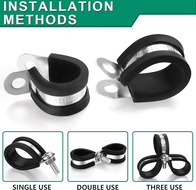 OURU 100PCS Cable Clamps 3/16 Inch 304 Stainless Steel Cable Clamps Rubber Coated Cushioned Insulated Cable Clamp,Automotive Wire Clamps,Pipe Clamps,Metal Clamp for Tube,Wire Cord Installation(5mm)