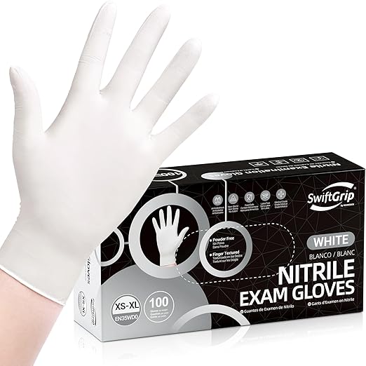 SwiftGrip Disposable Nitrile Exam Gloves, 3-mil, Medium, Box of 100, White Nitrile Gloves Disposable Latex Free for Medical, Cleaning, Cooking & Esthetician, Food-Safe, Powder-Free, Non-Sterile