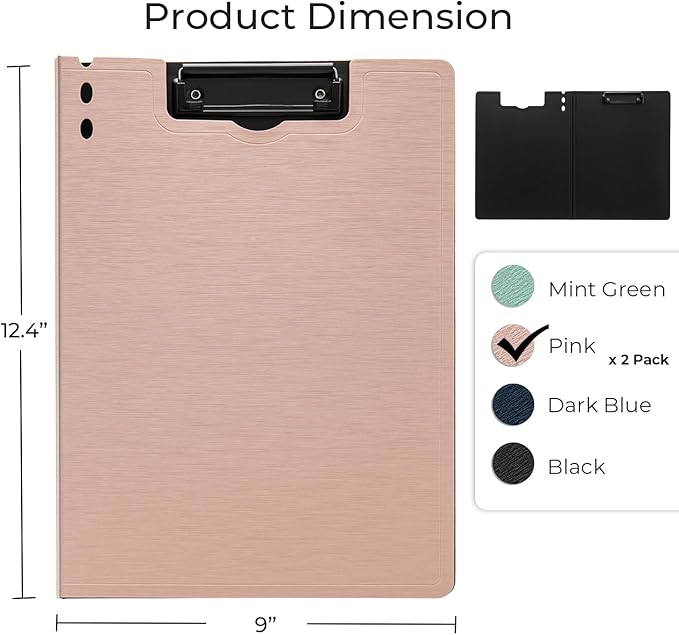Y YOMA Clipboard Folder, A4 Foldable Plastic Clipboard with Metal Clip, 360° Rotating Cover, Waterproof Work Folder for Home, Office, School, Field Work, Outdoor - 2 Pack, Pink
