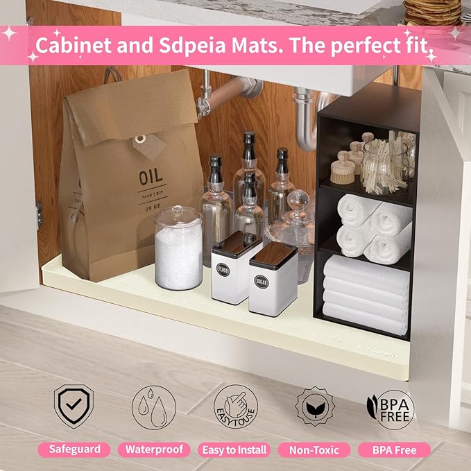 Sdpeia Under Sink Mat 34"×22" Waterproof Silicone Cabinet Liner & Sink Protector for Kitchen & Bathroom, Multi-Purpose Organizers Tray for Pets, Laundry, Cat Litter Mat