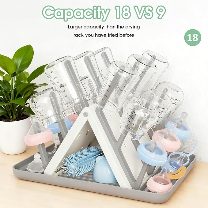 CandyHome Large Baby Bottle Drying Rack, Space Saving 18 Detached Hook Slope Bottle Dryer Holder for Countertop Kitchen Organize Bottles & Baby Accessories Brushes Pacifiers and Pump Part- BPA Free