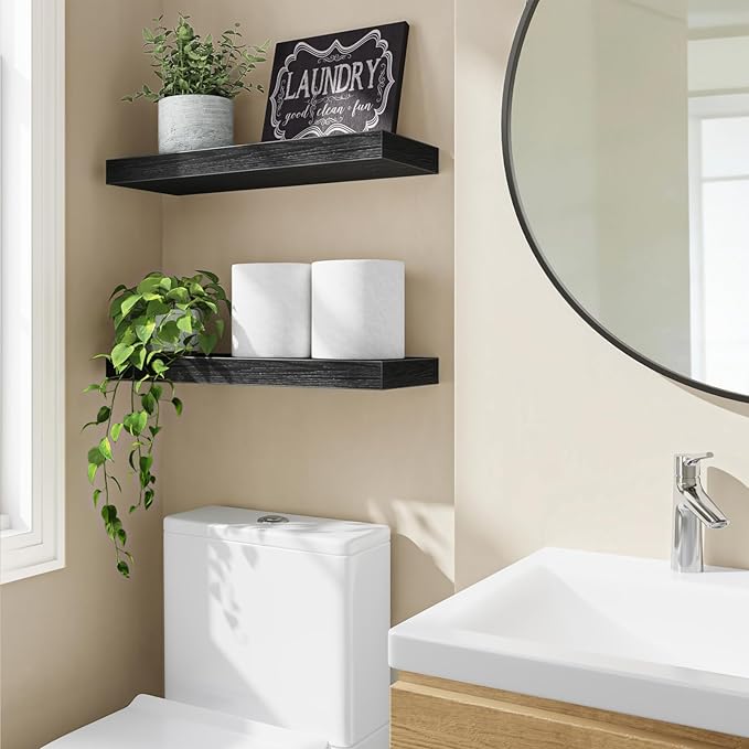 Fixwal Floating Shelves for Wall, 15.7" Wood Wall Mounted Shelves for Living Room, Bedroom, Bathroom and Kitchen, for Storage, Books, Room Decor (Black, Set of 2)